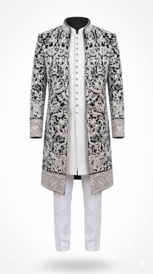 Black and Ivory Silk Indo-Western Sherwani Set
