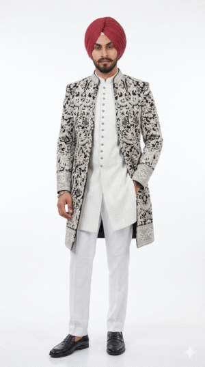 Black and Ivory Silk Indo-Western Sherwani Set